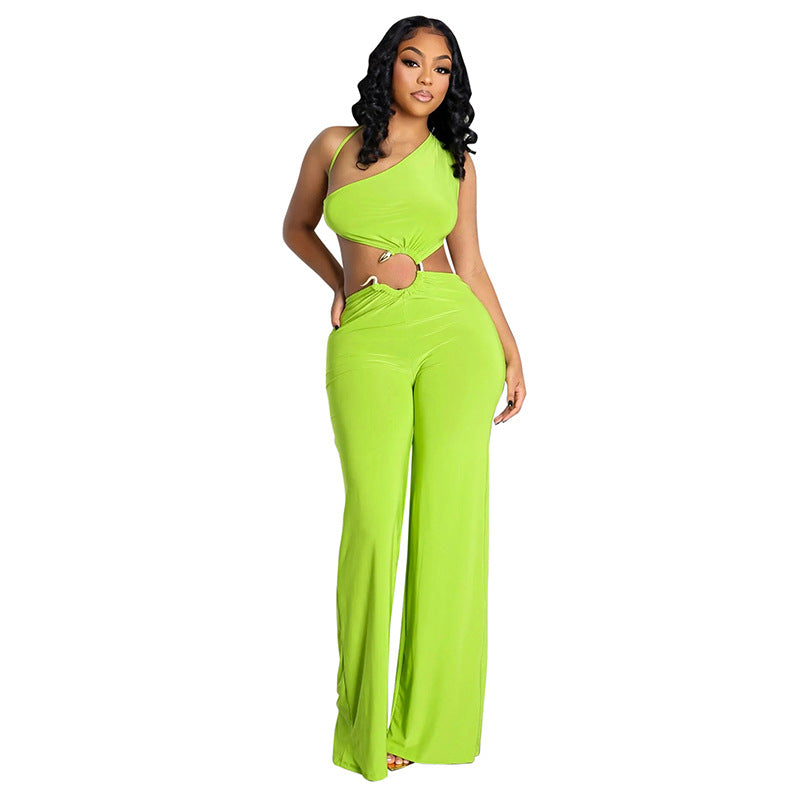 Women's spring and summer hollow Slash Shoulder gathered ring Patchwork long Jumpsuit 8
