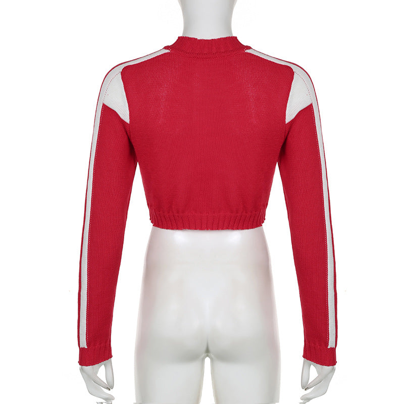 Women Patchwork Contrast Letter Half-High Neck Long Sleeve Crop Sweater 9