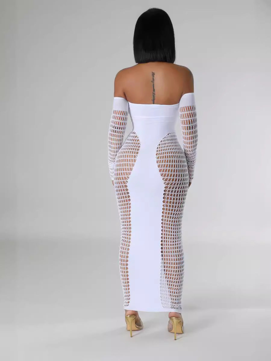 Off Shoulder Long Sleeve Stretch See Through Sexy Dress 4