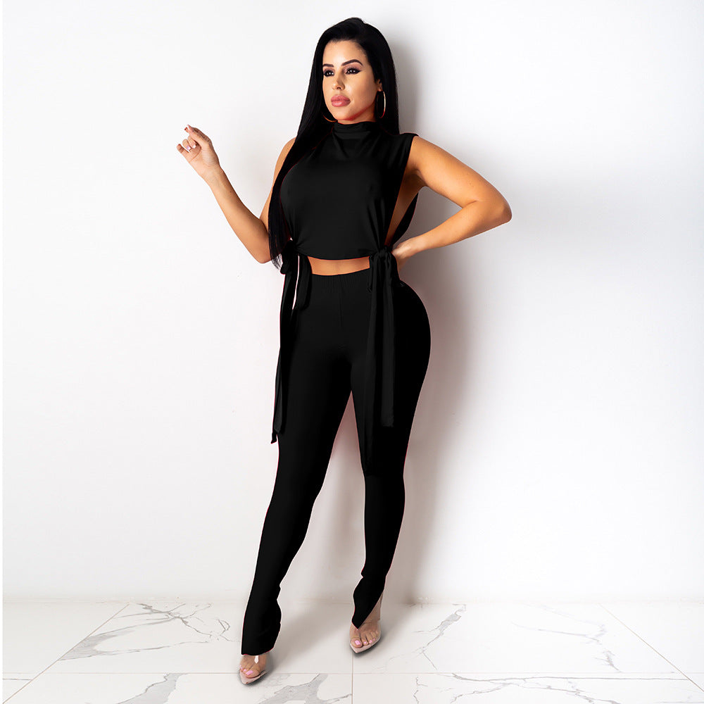 Women Solid Lace-Up Sexy Top and Pant Two-piece Set 3