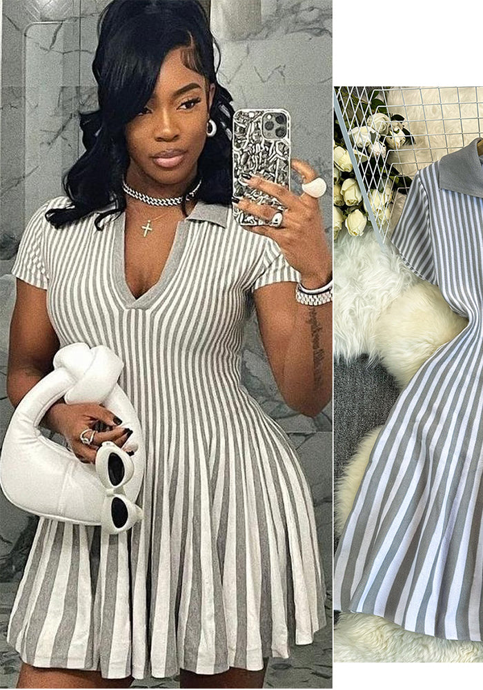 Contrast Turndown Collar Short-Sleeved Striped Women's Slim Waist Knitting Dress