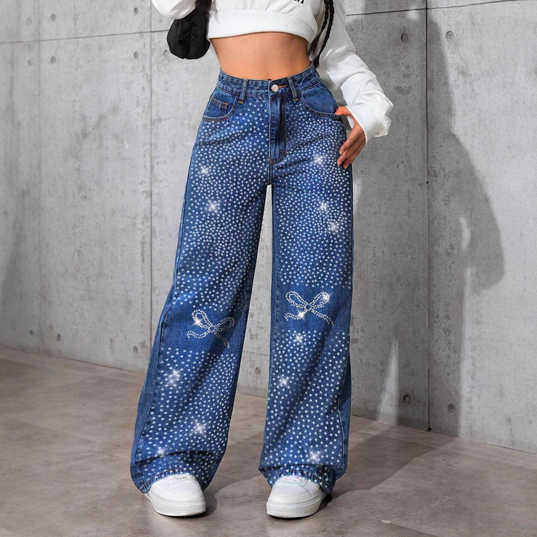 Women American Retro Blue Denim Beaded Butterfly Pants 7
