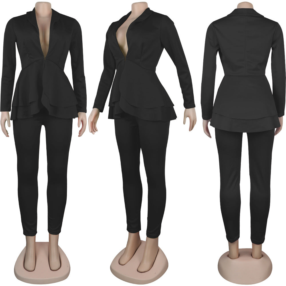 Sexy Women's Solid Color V-Neck Two-Piece Pants Set 12