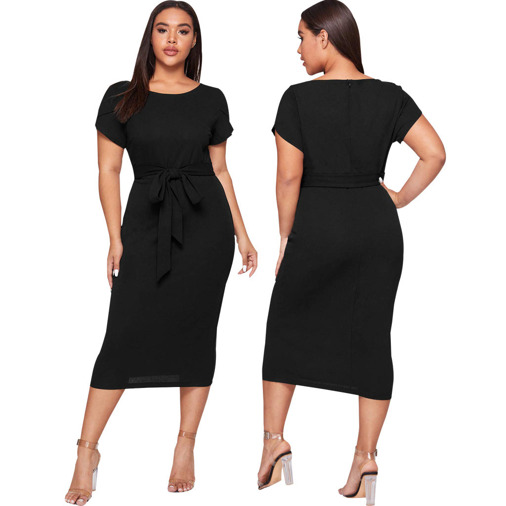 Women Round Neck Belted Short Sleeve Midi Dress 7