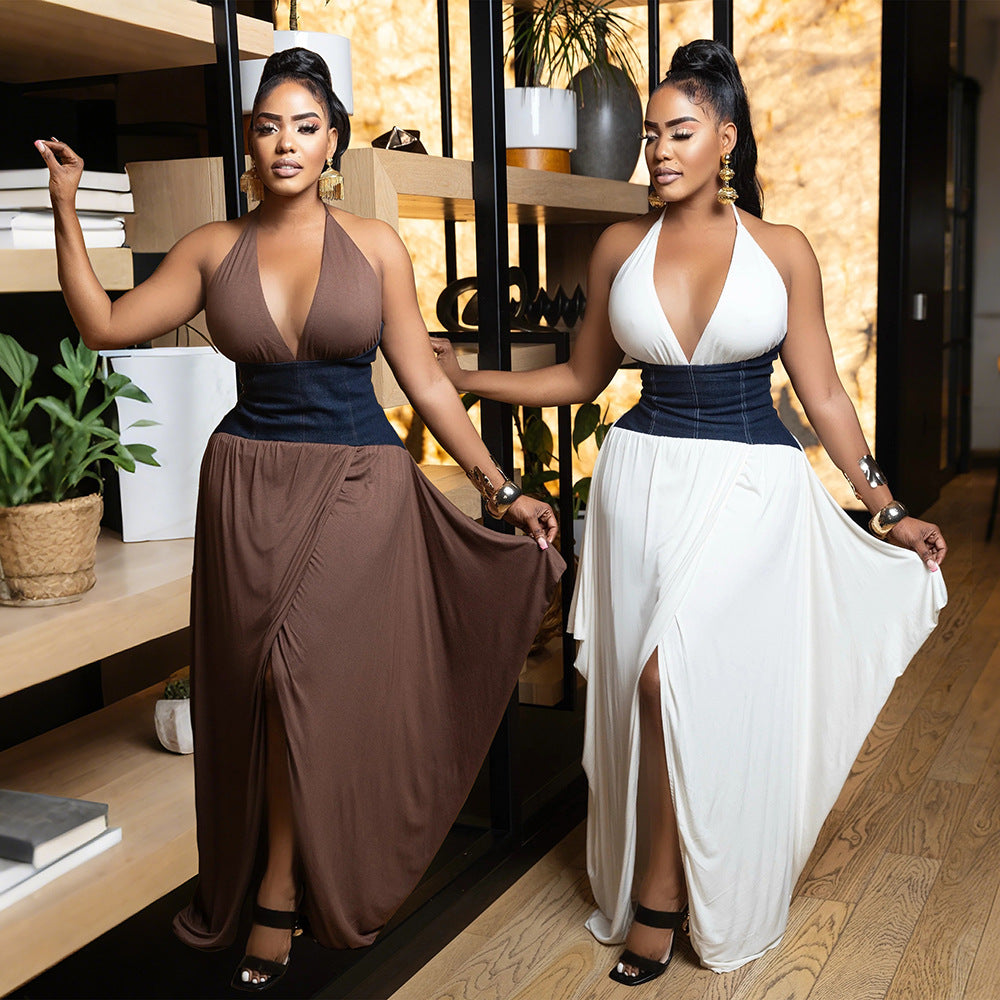 Women Slit Irregular Patchwork V-neck Dress 4