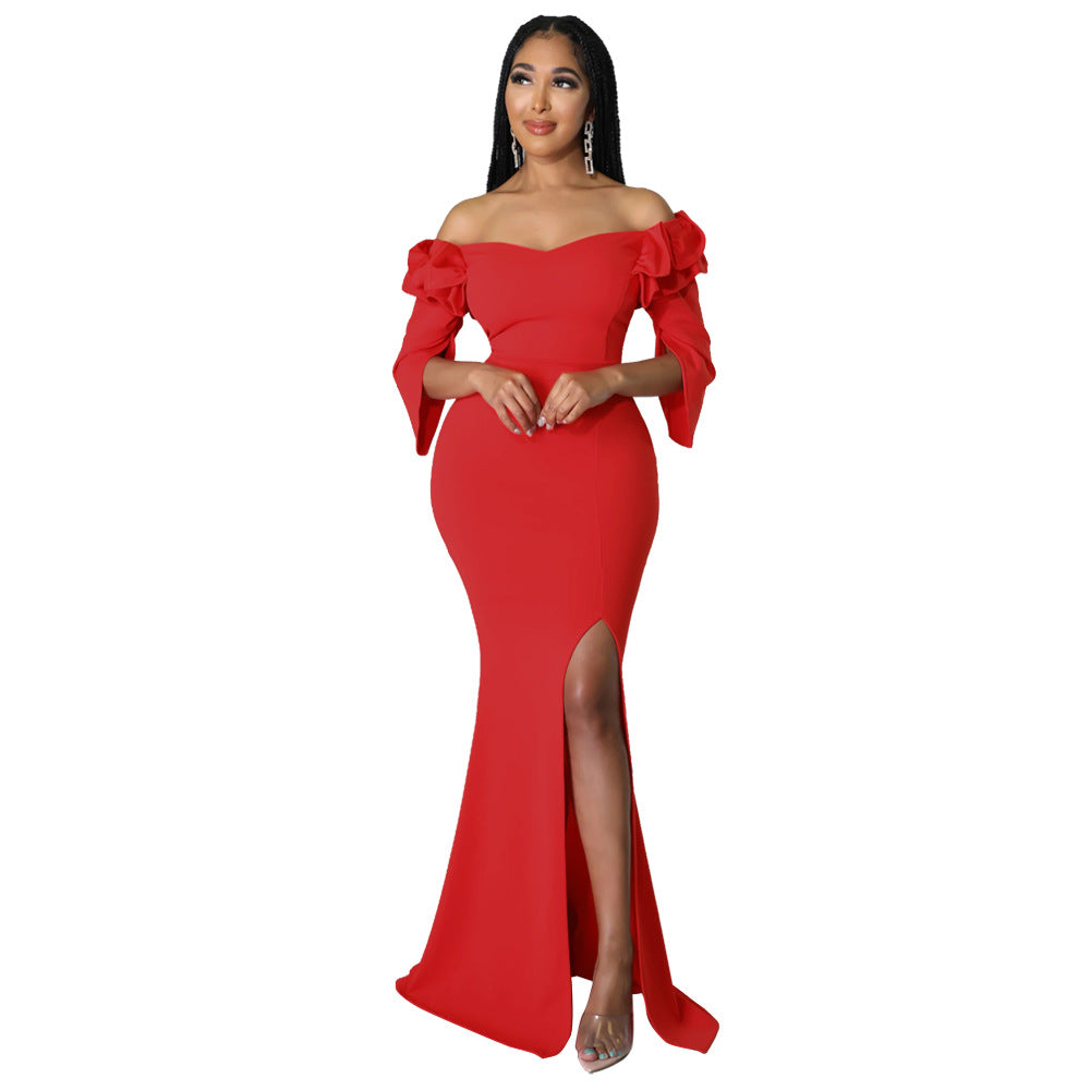 Ruffle Edge Off Shoulder Slim Fit Sexy Slit Women's Dress 8