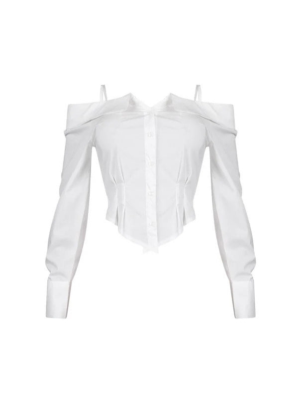 Women Turndown Collar Shirt Long-Sleeved Off-Shoulder Shirt 4