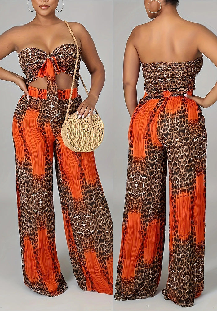 Summer Leopard Print Strapless Lace-Up Wide-Leg Loose Two Piece Pants Set