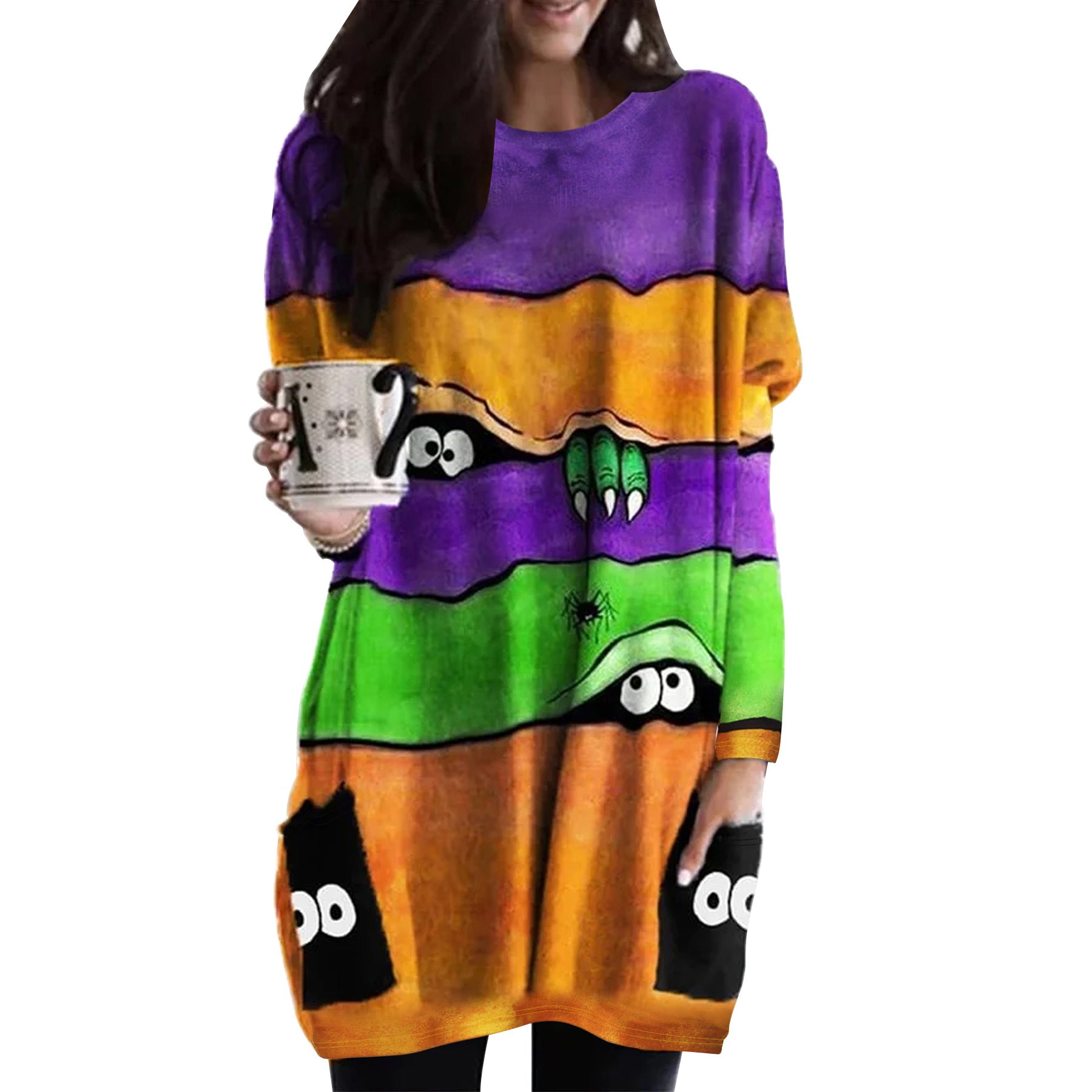 Halloween Printed Pocket Round Neck Long Sleeve Women's Top 6