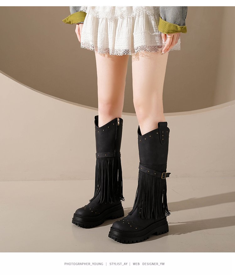Plus Size Riding Boots with Fringe & Buckle  Mid-Calf Shoes for Women 6