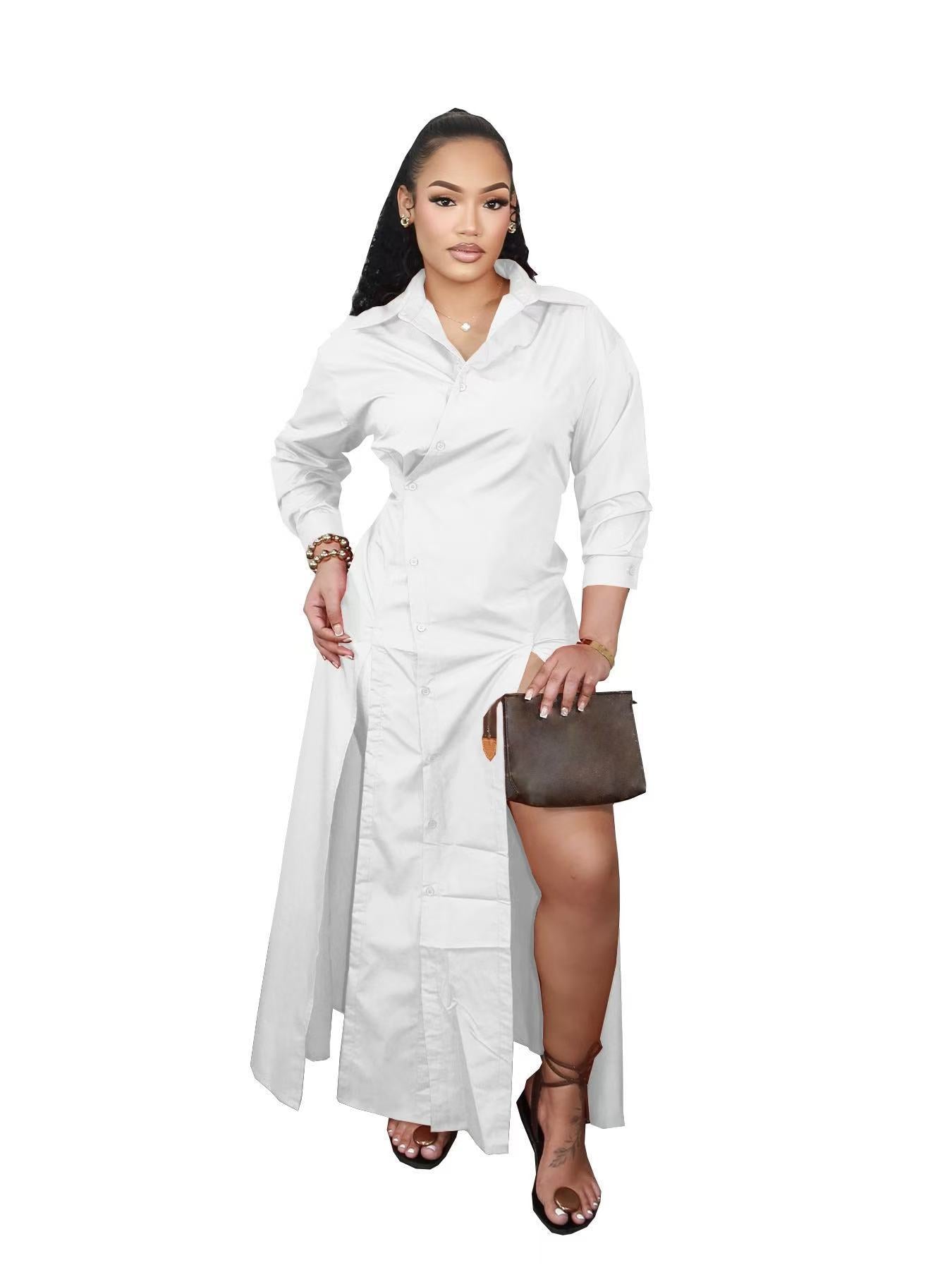 Women Fall/Winter V-Neck Slit Shirt Dress 7