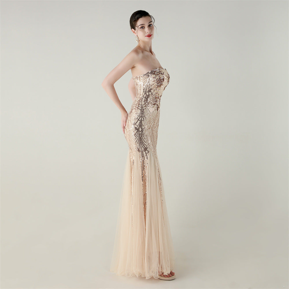 Women Strapless cross Lace-Up sequined tube flower sequined mesh evening dress Formal Party evening dress 36