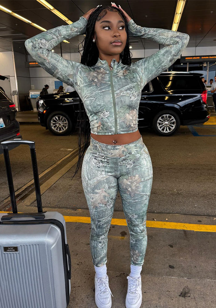 Women Printed Long-Sleeved Cropped Zipper Top and Pants Two-Piece Set