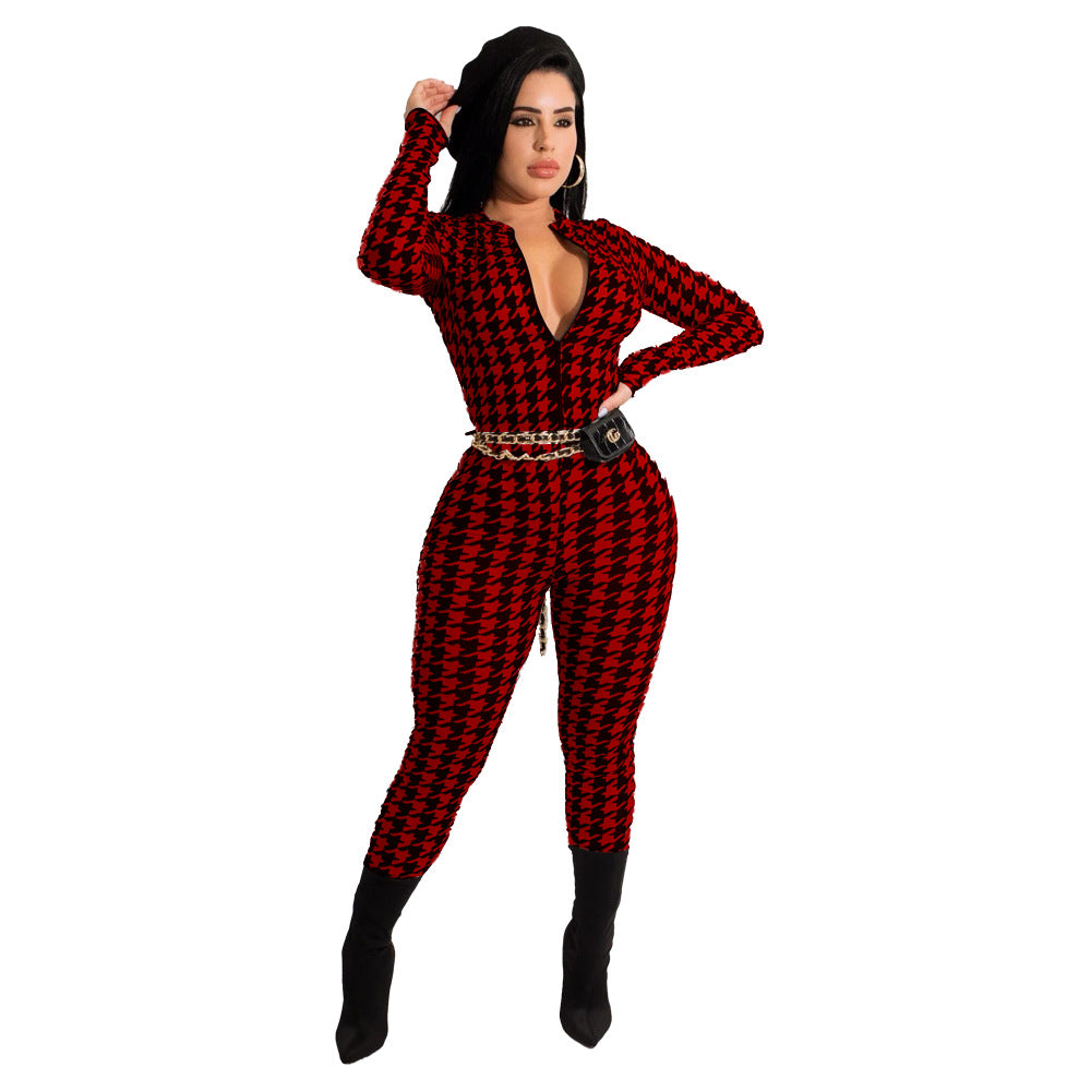 Spring Women's Plaid Print Round Neck Zipper Casual Jumpsuit 5