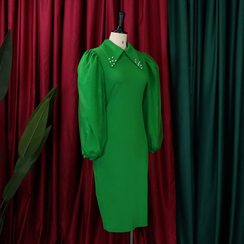 Women'S Spring Autumn Long Sleeve Plus Size Beaded Mesh Patchwork Career Bodycon Pencil Dress 16