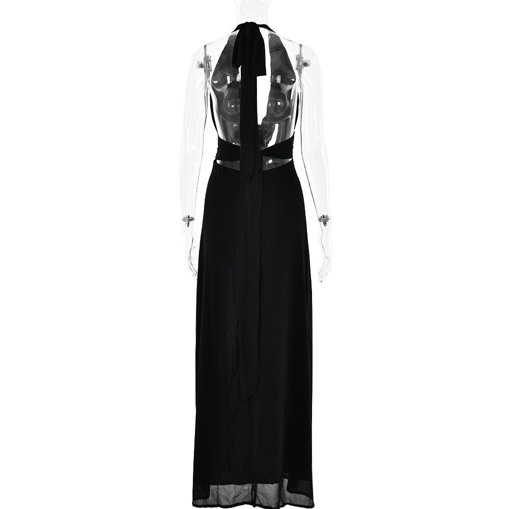 Women Summer Sexy Halter Neck V Neck Lace Backless slit dress 17