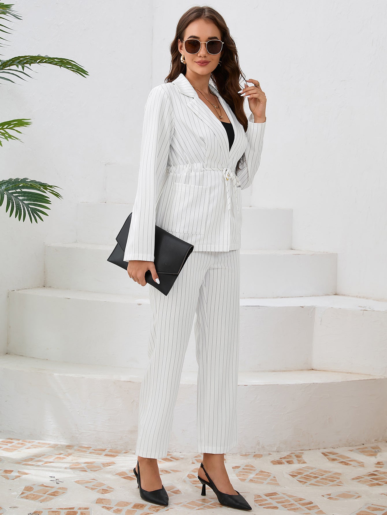 Casual Stripe Turndown Collar Strap Blazer Jacket Straight Pants suits Women's two-piece set 8