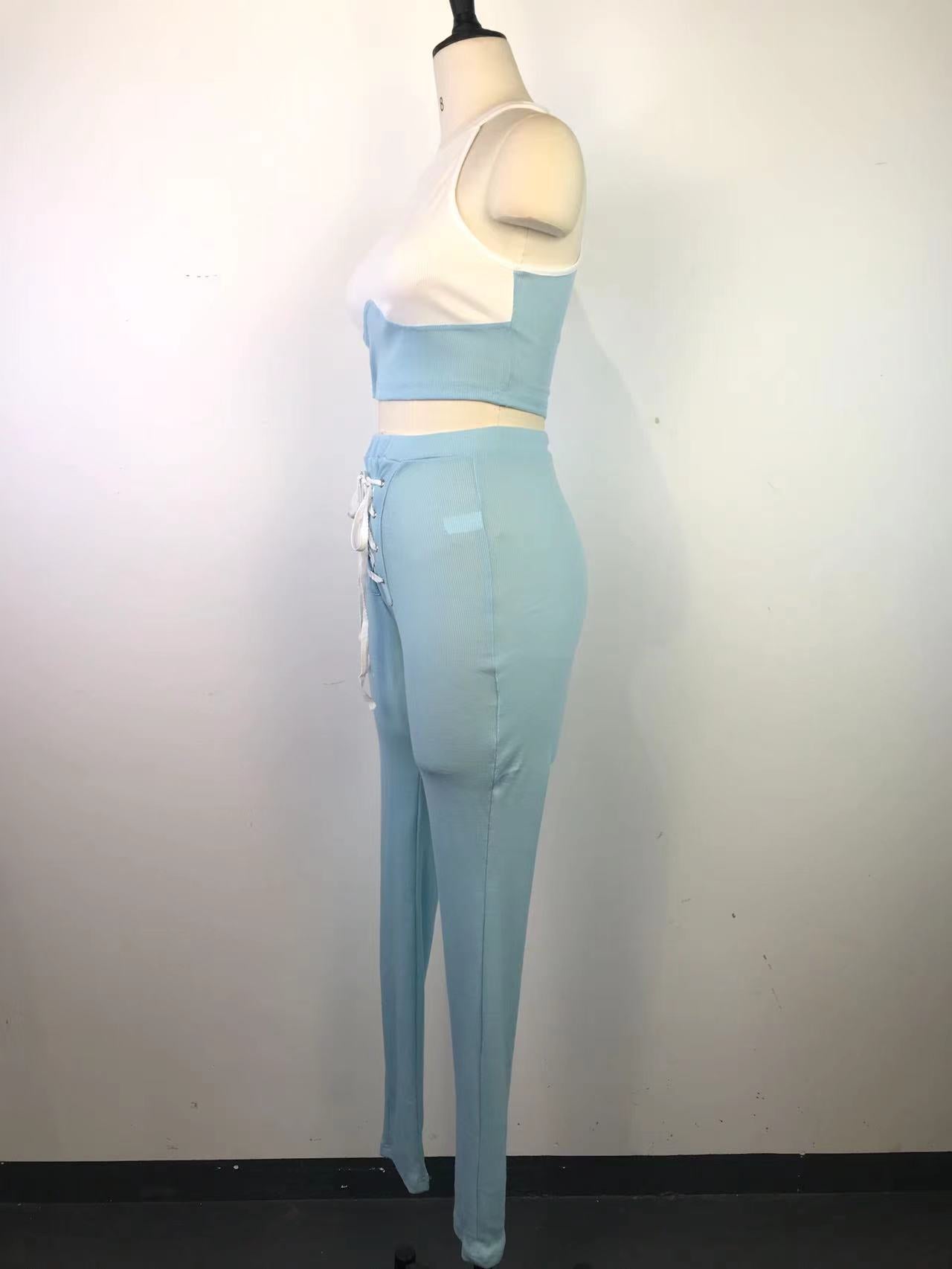 Women's Sexy Ribbed Suit Round Neck Tank Top Pencil Pants Lace-Up Two Piece Summer Set 15