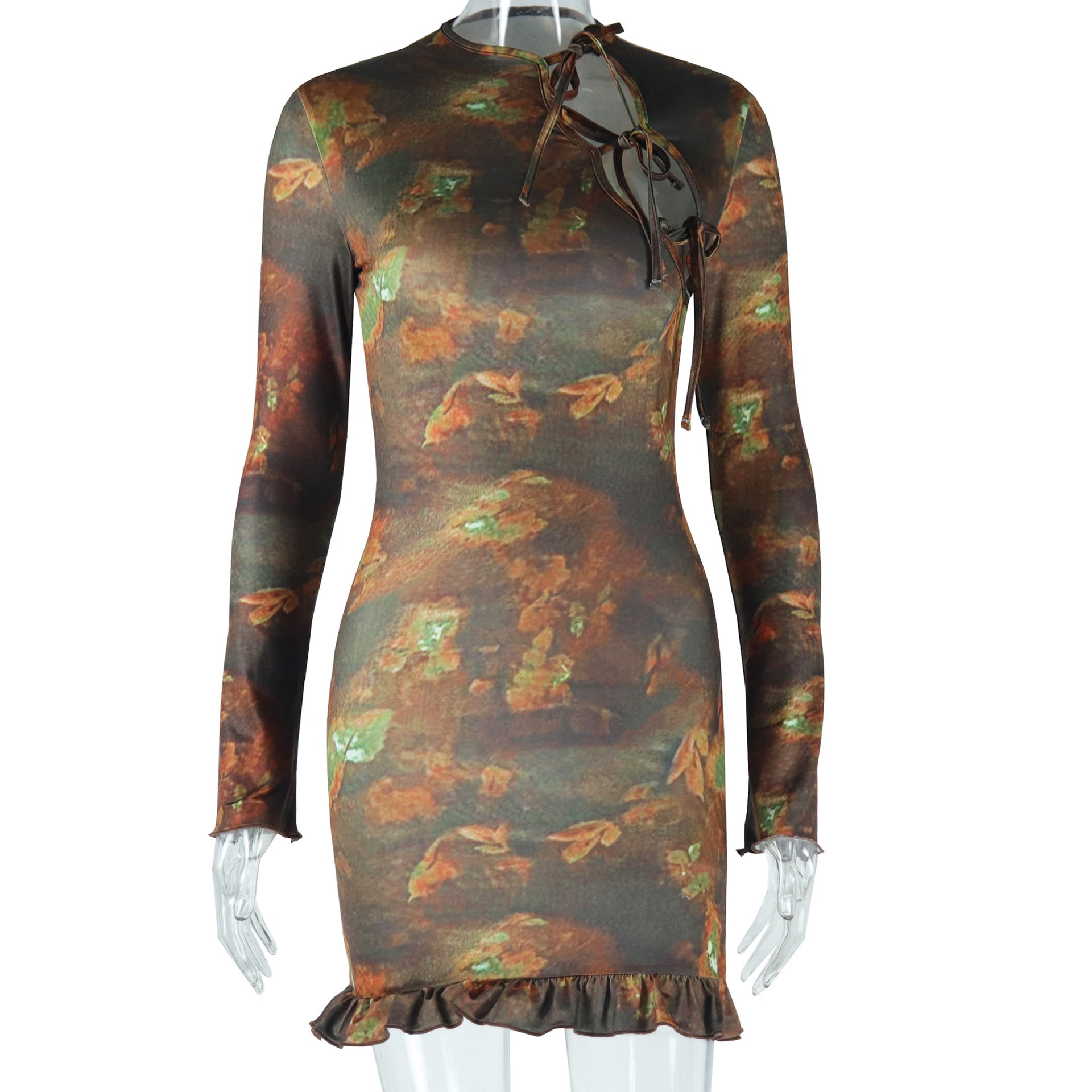 Fashion Printed Retro Long Sleeve Round Neck Hollow Lace-Up Bodycon Women's Dress 5