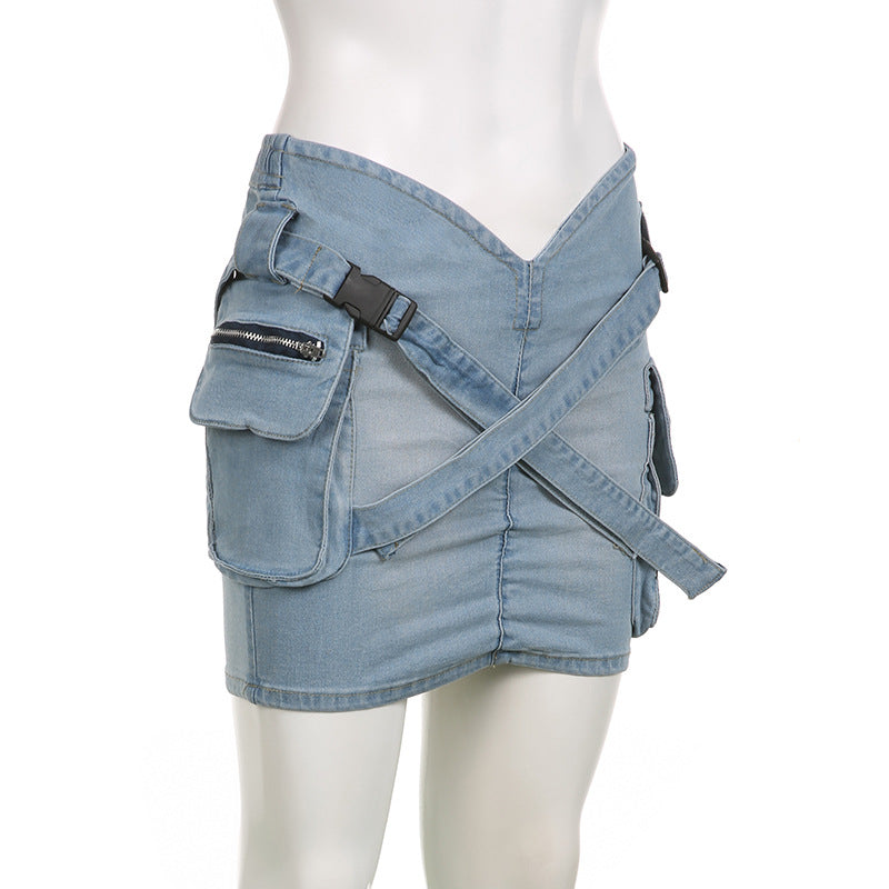 Women Pocket Cross Denim Mini Skirt 11