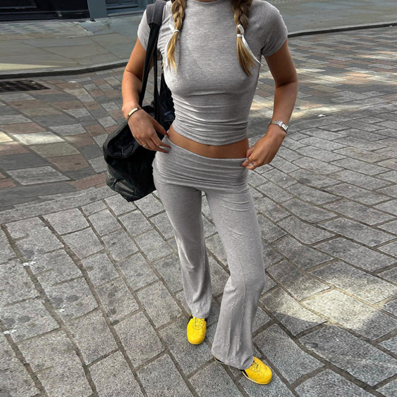 Women Spring Summer Crop Short Sleeve T-Shirt And Pants Two-piece Set 7