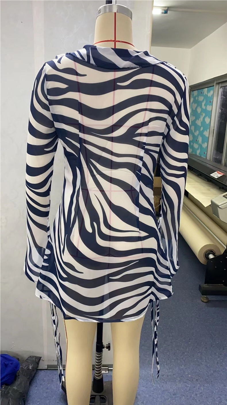 Women's Fall Winter Sexy V-Neck Long Sleeve Chic Stripe Lace-Up Dress 13