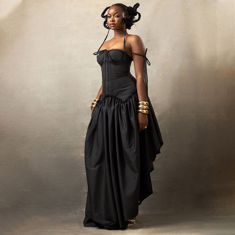 Solid Color slim women's pleated Low Back Halter Neck A-line long dress 5