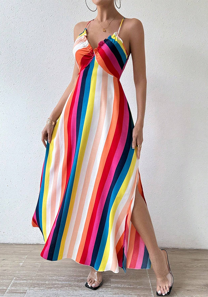 Women Backless Rainbow Suspender Print Dress