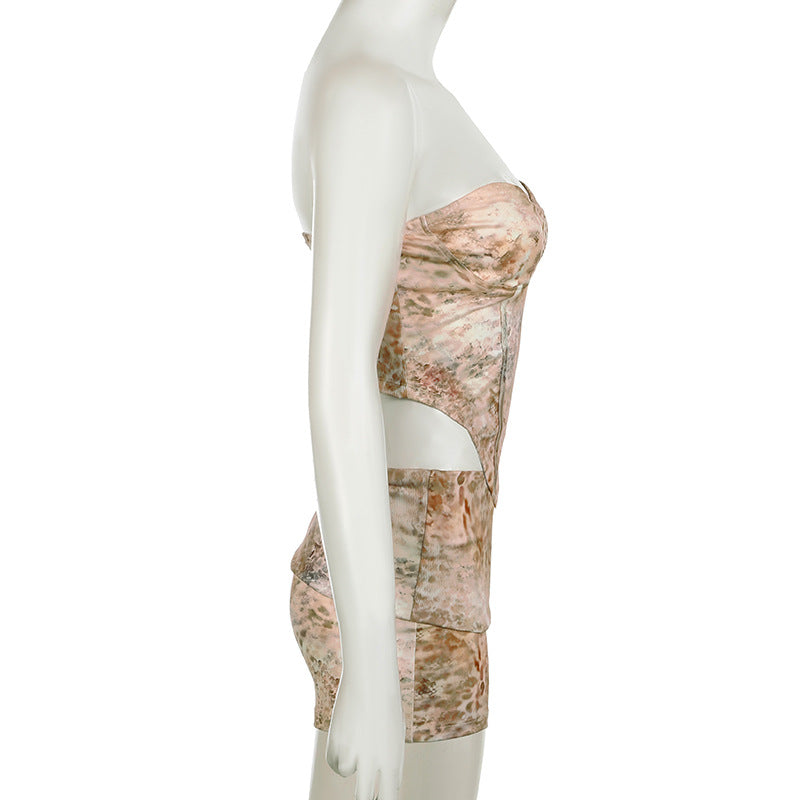 Women Holidays Animal Print Irregular Strapless Top and Shorts Two Piece Set 9