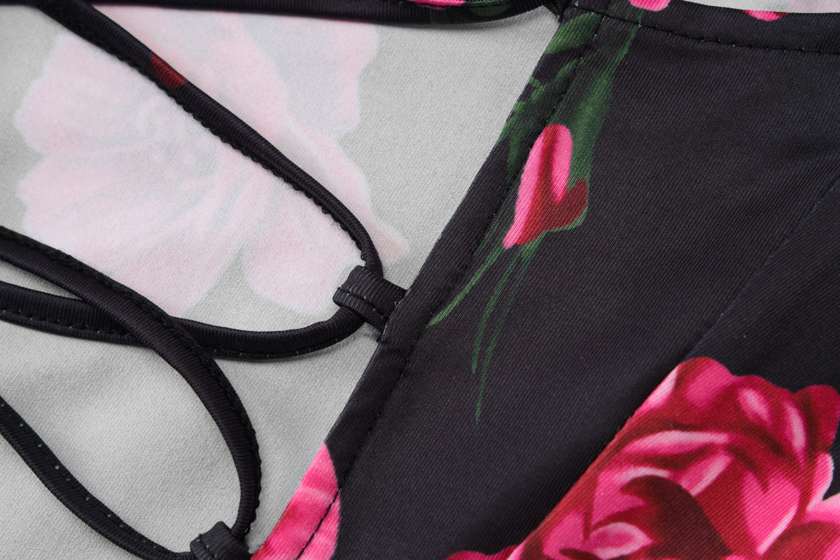 Women Spring Flower Print Sexy Backless Lace-Up Dress 11