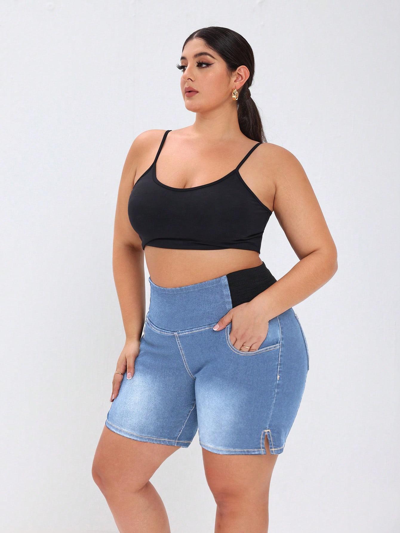 Plus Size Women Elastic Waist Denim Shorts 6