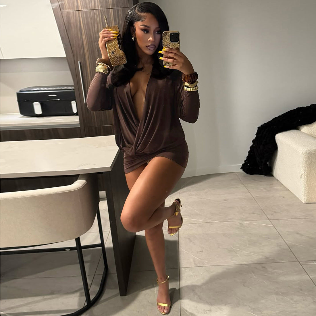 Autumn Outfit Sexy Fashion Deep V-Neck Long Sleeve Bodycon Dress 13