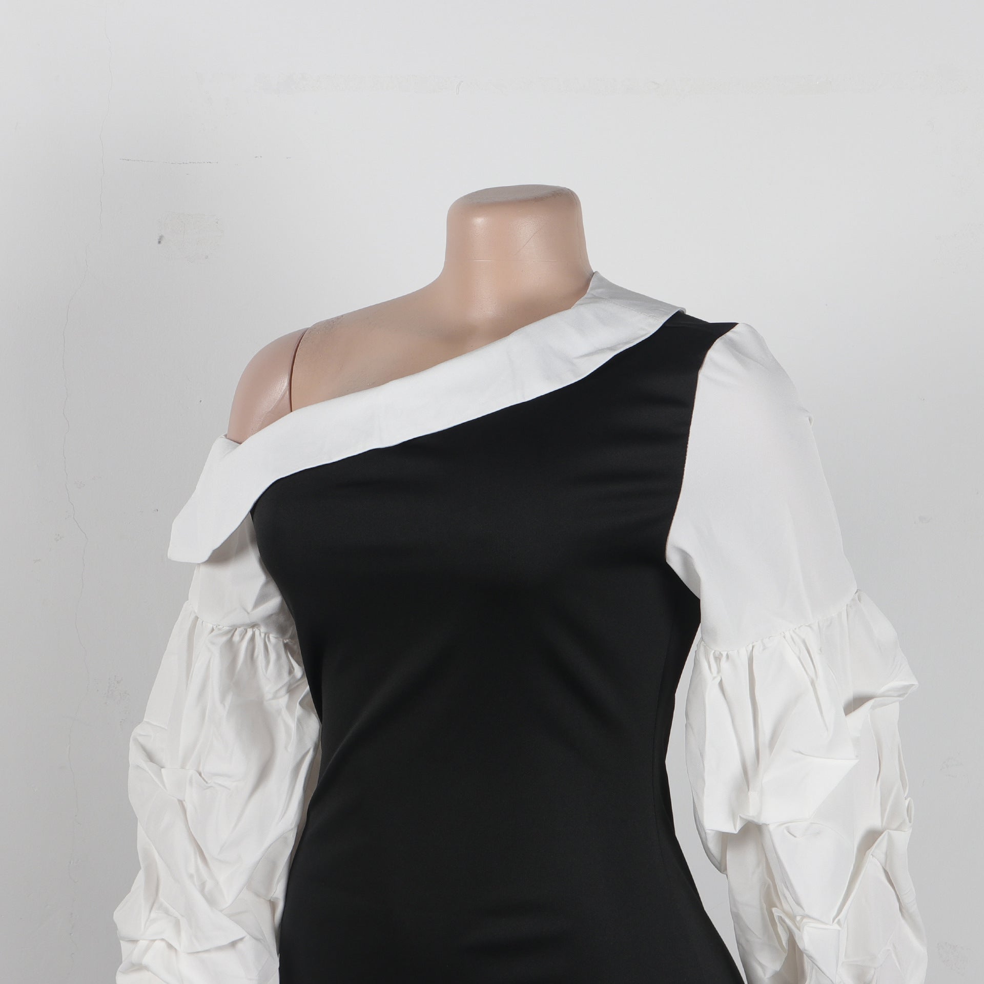 Women Contrast Slash Shoulder Stretch Bodycon Slit Balloon Sleeve Dress 18