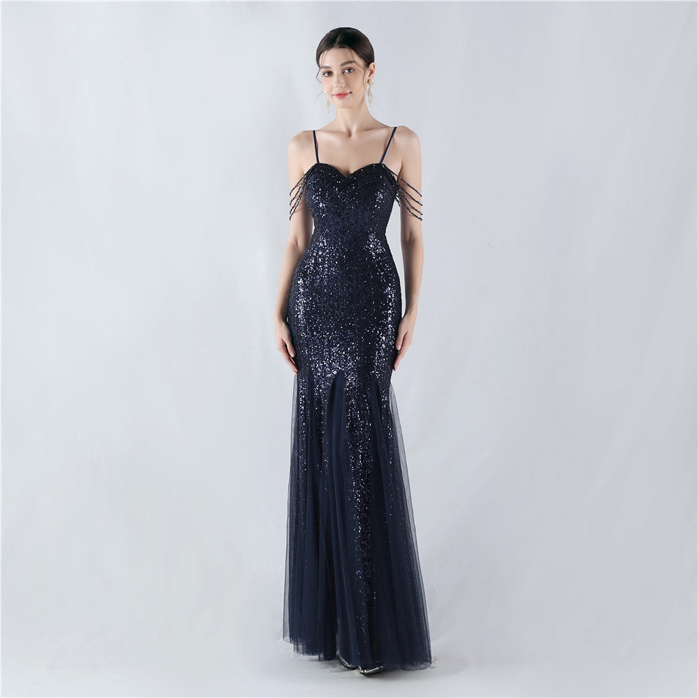 Strap Beading Mesh Sequin Evening Dress 16