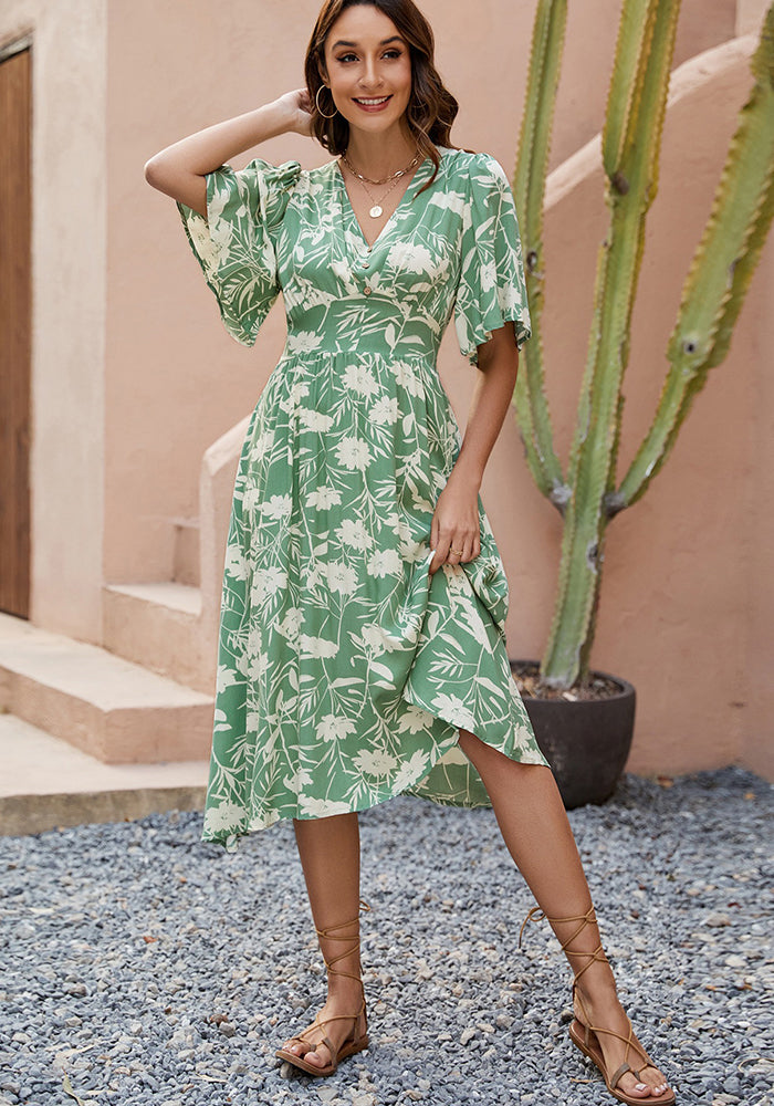 Women Printed V-Neck Short Sleeve Bohemian Holidays Beach Dress