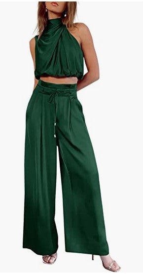 Women Summer Casual Sleeveless Crop Top Wide-leg Pants Two Piece Set 5