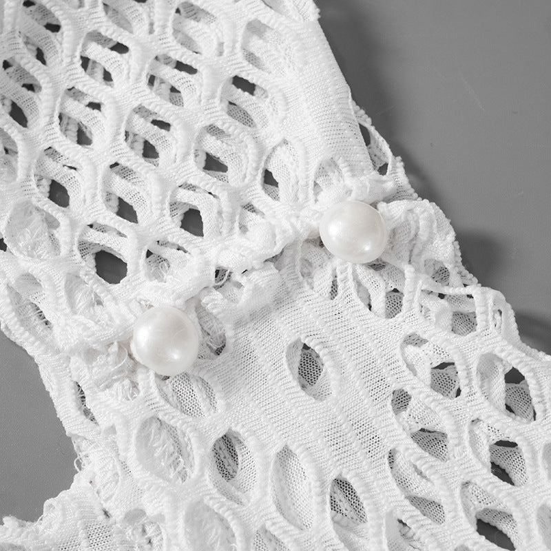 Women Summer Solid Sexy Round Neck Mesh Sleeveless See-Through Lace-Up Dress 15