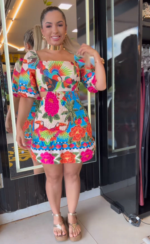 Women Printed Backless Balloon Sleeve Off Shoulder Two-Wear Dress 4