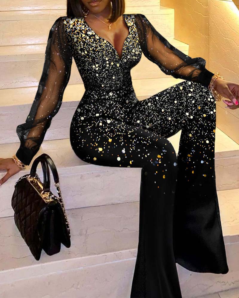 Women Autumn and Winter One Shoulder Sleeve Bright Diamond Print Jumpsuit