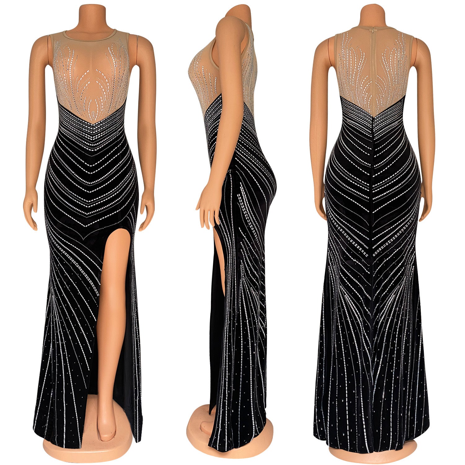 Spring Velvet Patchwork Mesh Beaded Sleeveless Nightclub Long Dress 9