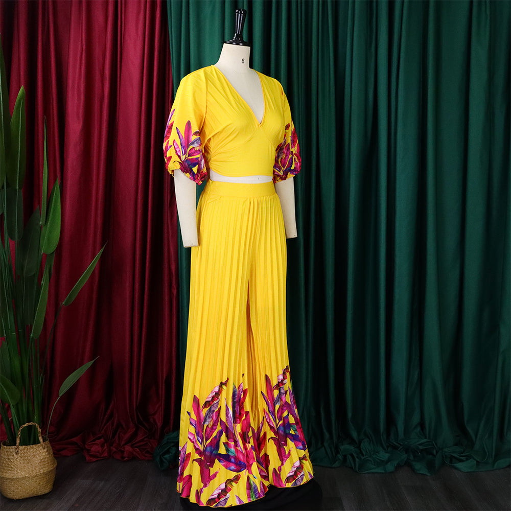 Women's Summer fashion v-neck printed top wide-leg pants two-piece suit 12