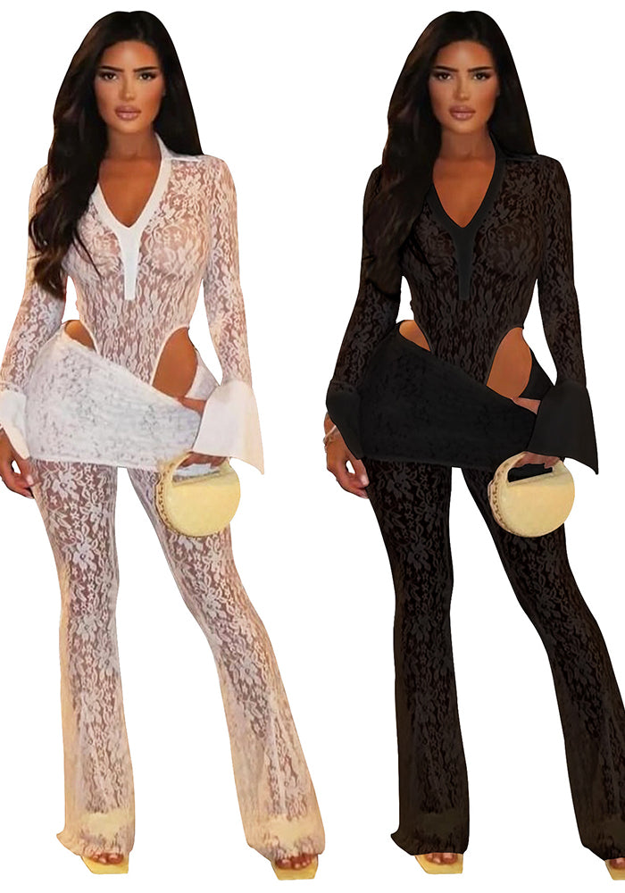 Women's sexy See-Through lace bodysuit pants two-piece set