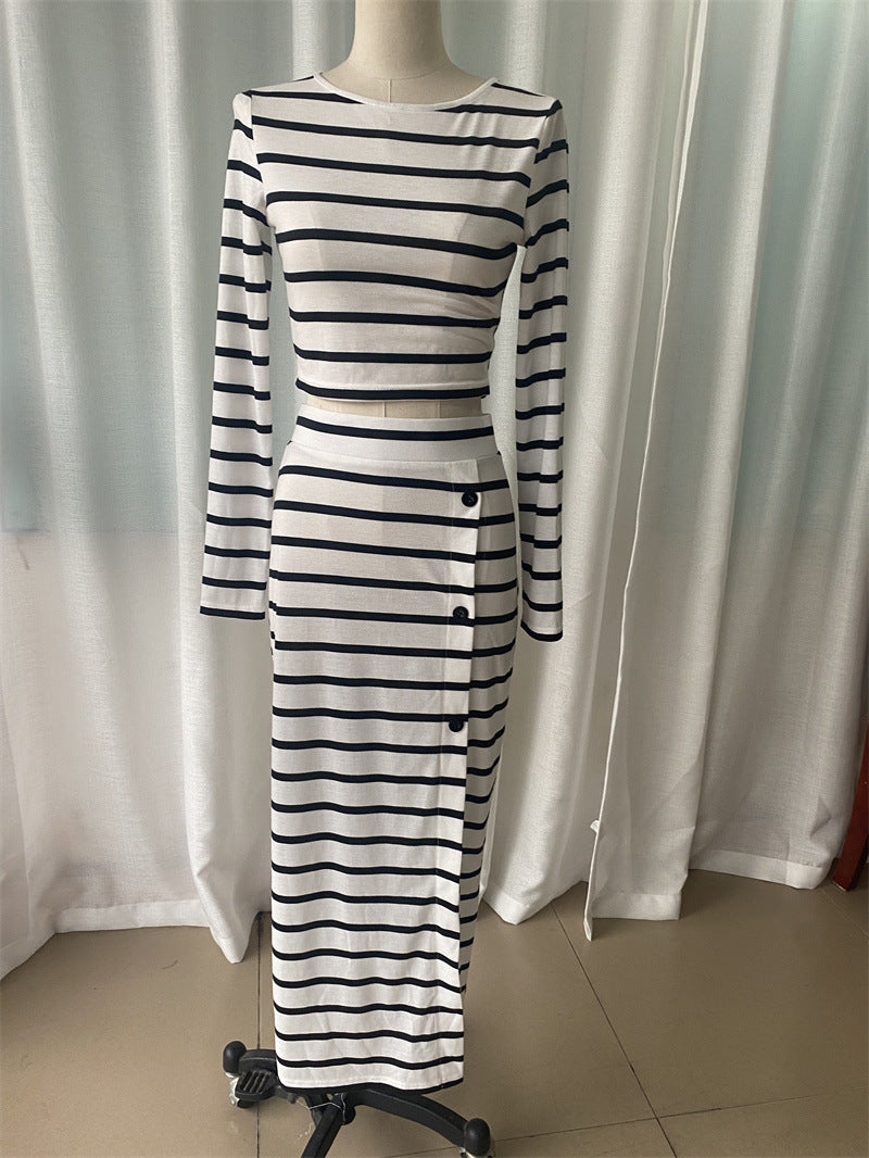 Women Autumn Classic Striped Long Sleeve Crop Top and Button Skirt Two-piece Set 8