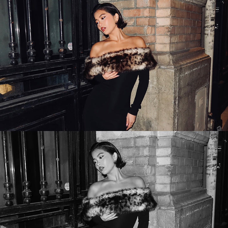 Women's Sexy Leopard Fur Patchwork Off Shoulder Long Dress 5