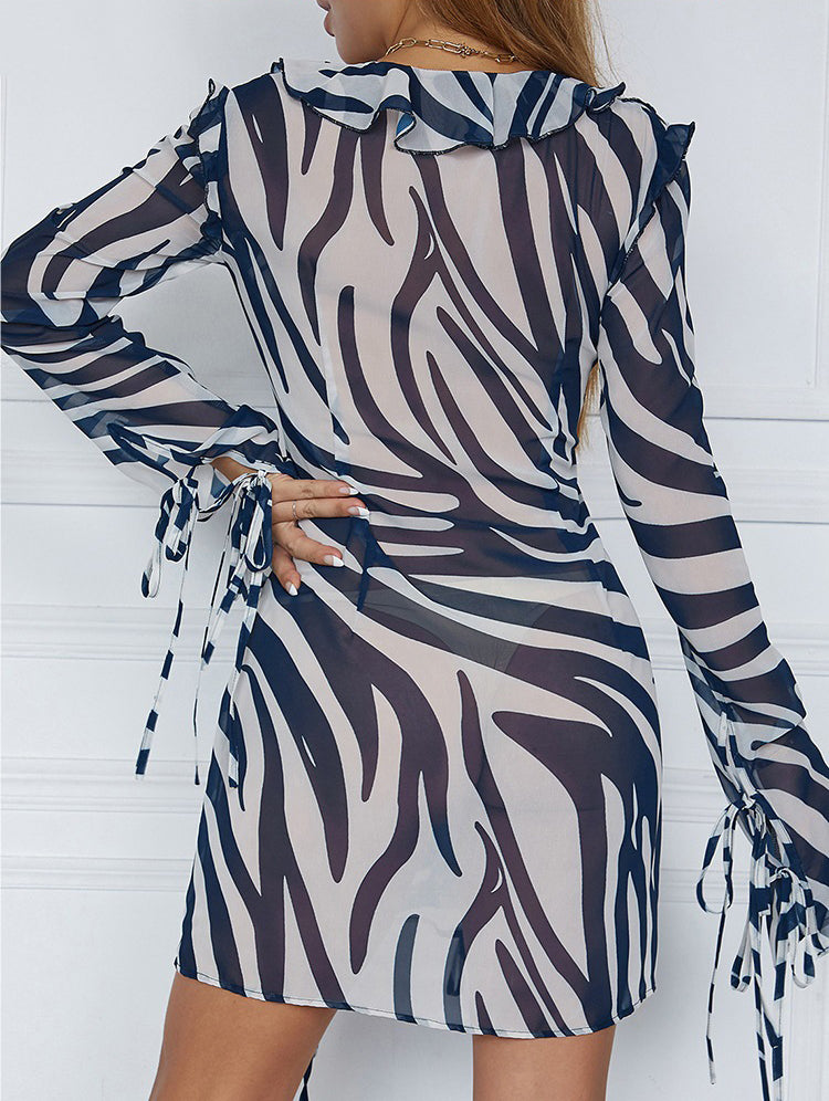 Women's Fall Winter Sexy V-Neck Long Sleeve Chic Stripe Lace-Up Dress 10