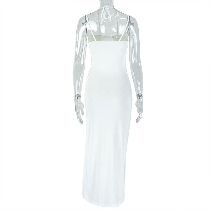 Women's Trendy Low Back Halter Neck Solid Color Hollow Slit Irregular Long Dress 9