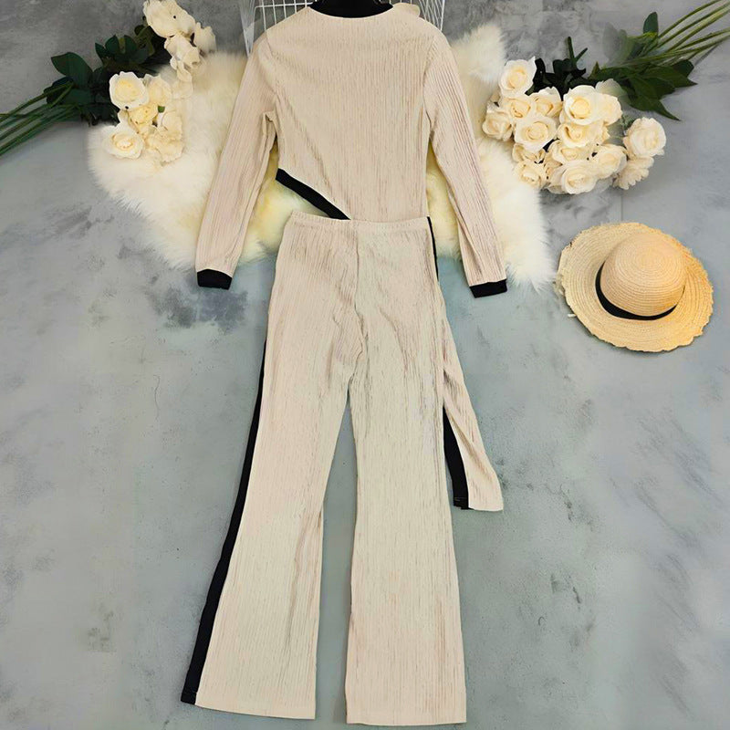 Women  Round Neck Contrast Color Long Sleeve Top and Pants Casual Two Piece Set 4