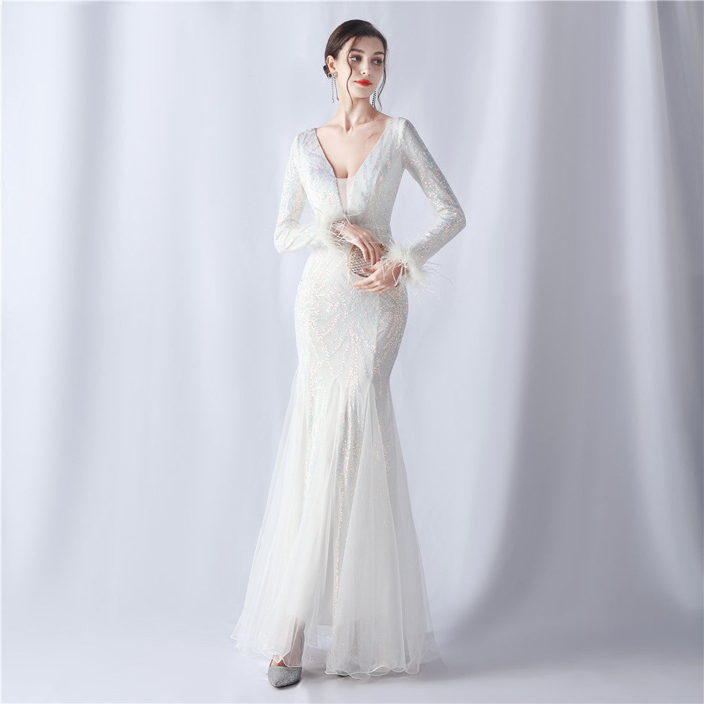 Women ostrich feather mesh sequin evening dress 7