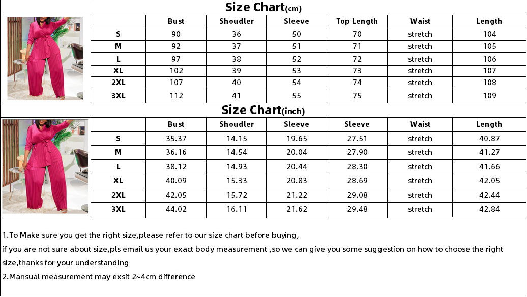 Women's Solid Color Pleated Loose Long Sleeve Lace-Up Shirt-Pants Two-Piece Set 11