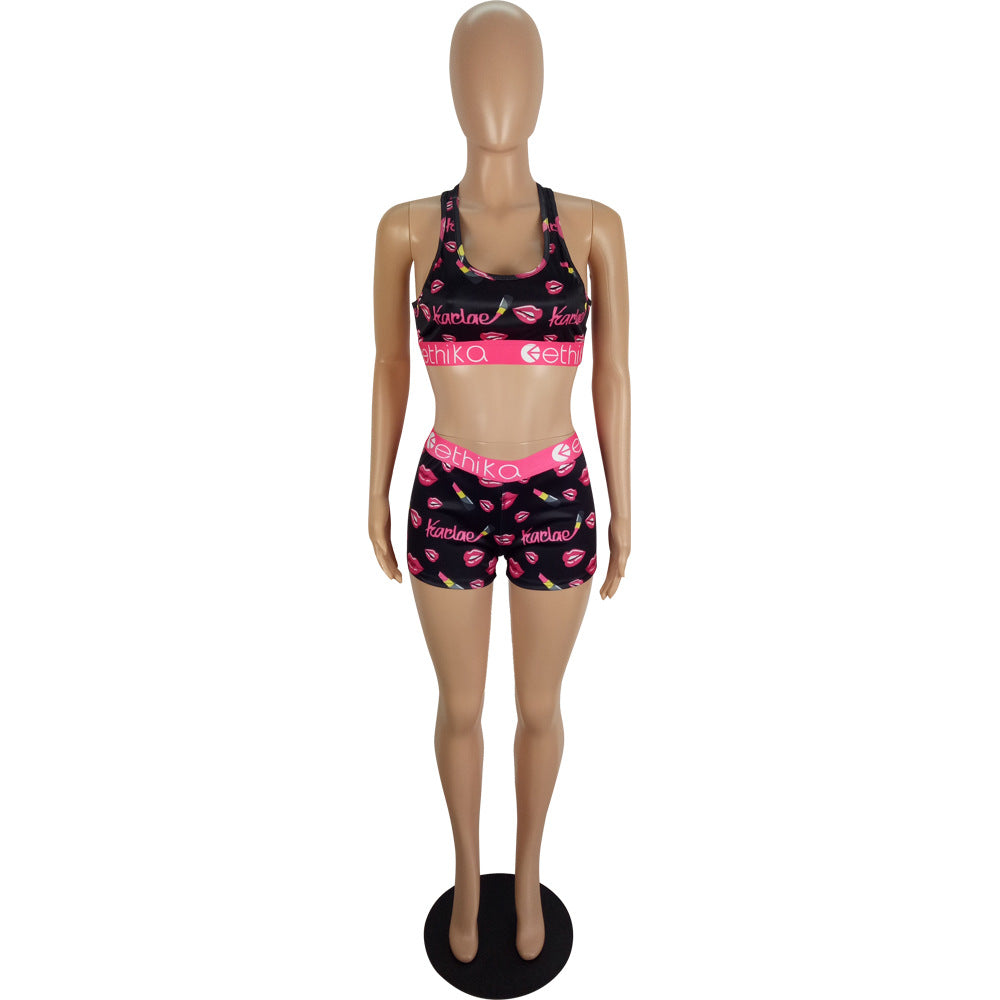 Women's Spring/Summer Slim Style Printed Sports Two-Piece Shorts Set 13